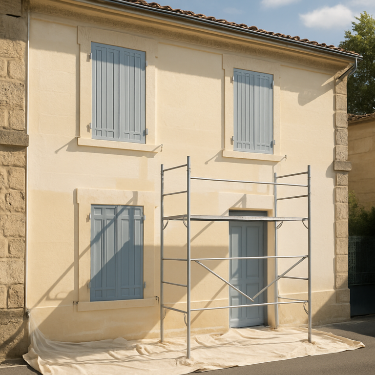 Façade maison en Gironde avec peinture en cours et protections