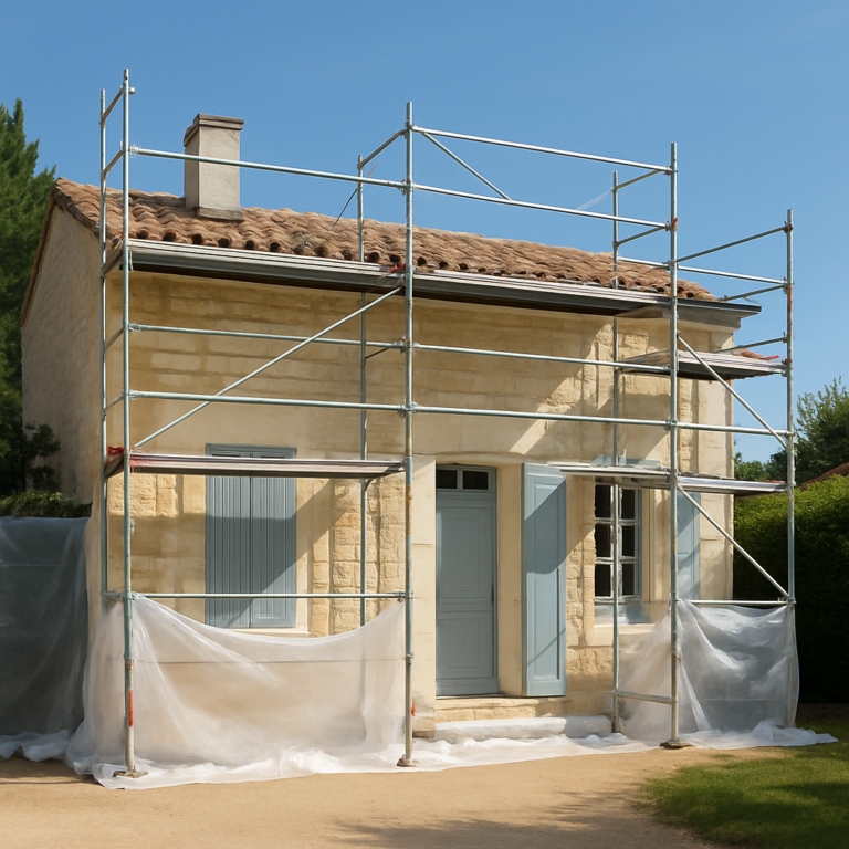 Façade maison en Gironde prête à être peinte avec échafaudage