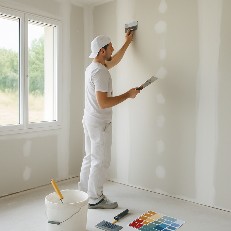 Artisan peintre préparant murs intérieurs maison neuve en Gironde