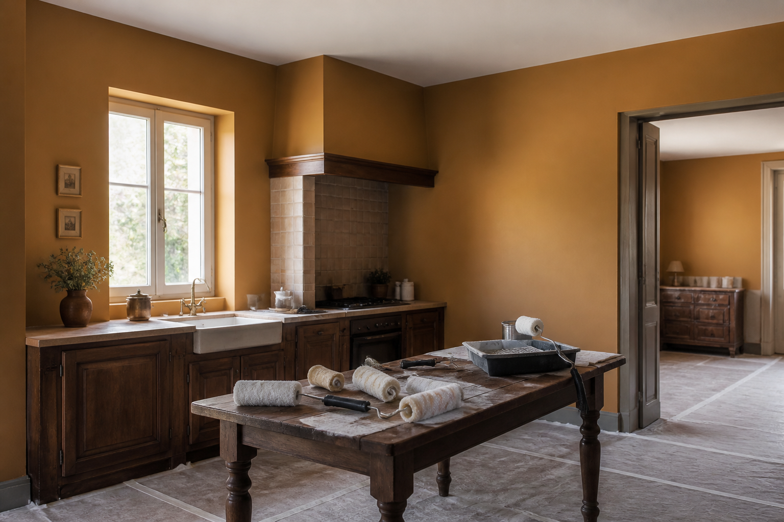 Cuisine rustique en Gironde avec murs ocres et meubles en bois