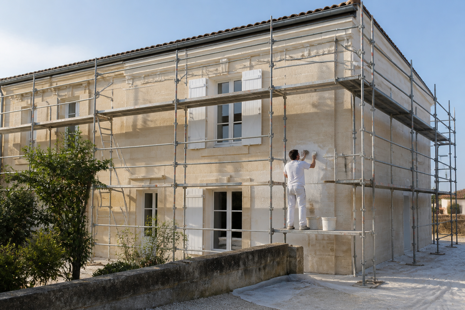 Maison en Gironde avec artisan préparant la façade pour peinture