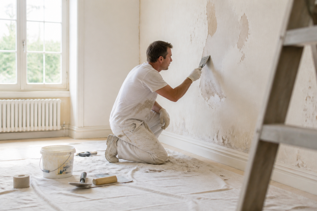 Artisan préparant un mur intérieur avec décapant peinture en Gironde