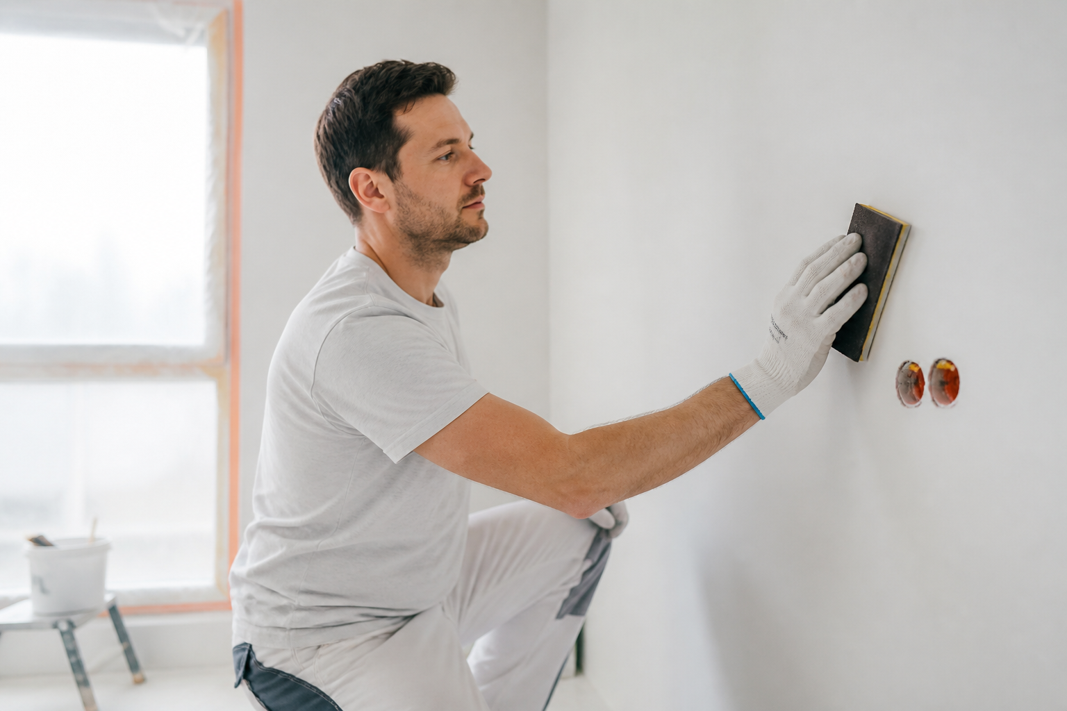 Artisan préparant un mur pour peinture intérieure en Gironde