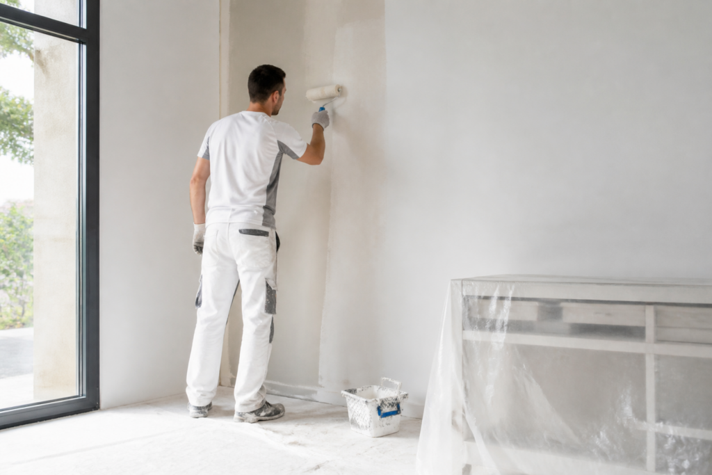 Artisan appliquant une peinture murale intérieure dans une maison en Gironde avec protection des sols