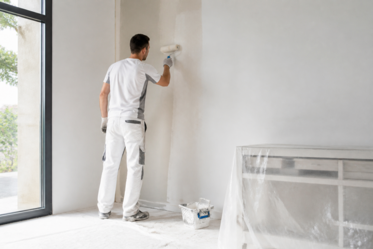 Artisan appliquant une peinture murale intérieure dans une maison en Gironde avec protection des sols