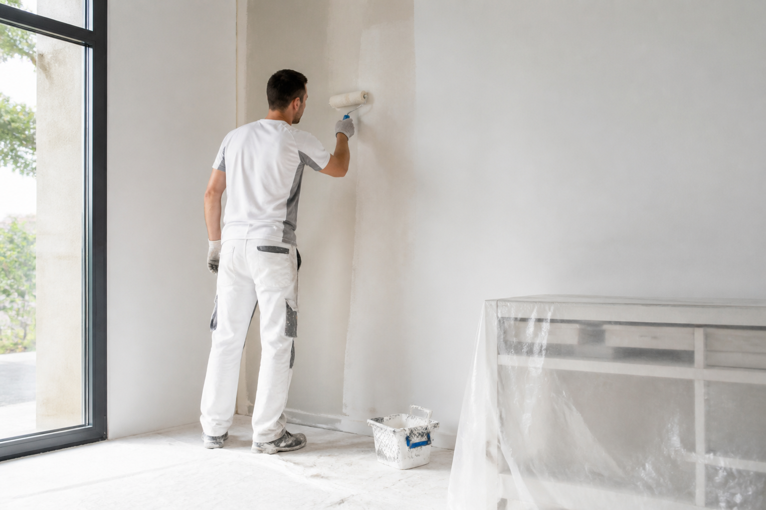 Artisan appliquant une peinture murale intérieure dans une maison en Gironde avec protection des sols