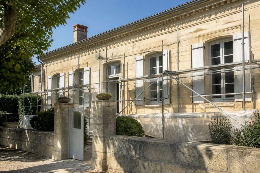 Façade maison en Gironde prête pour peinture avec échafaudage et protections