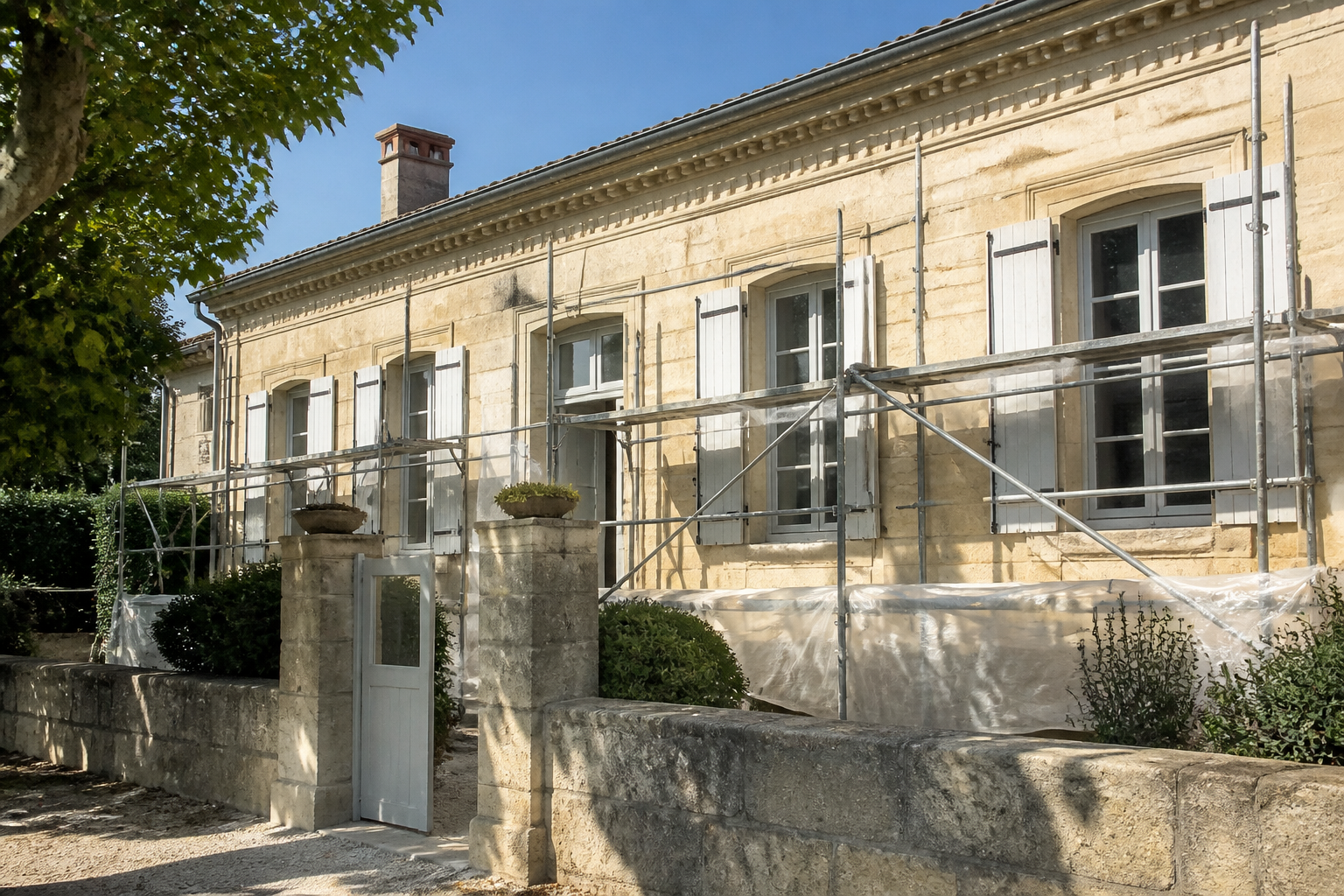 Façade maison en Gironde prête pour peinture avec échafaudage et protections