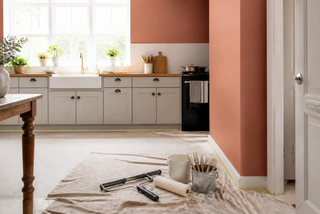 Cuisine girondine avec mur peint en couleur chaleureuse et préparation soignée