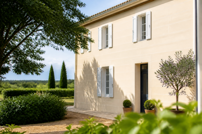 Maison girondine avec façade beige clair peinte récemment