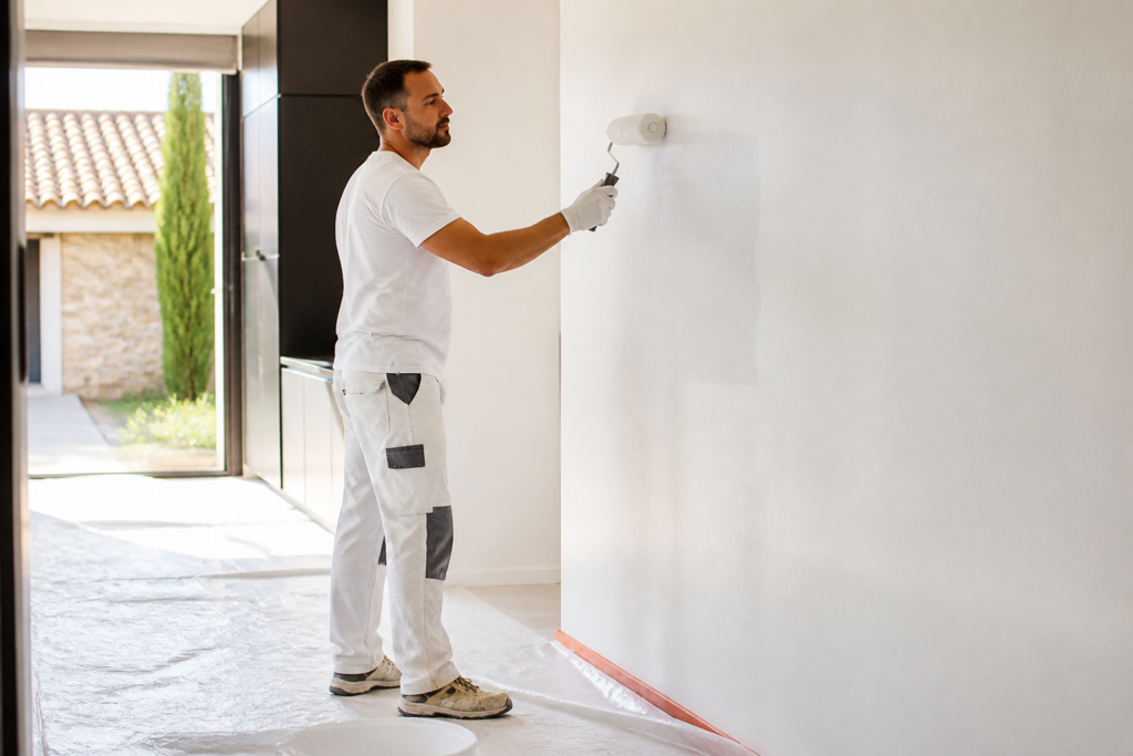 Artisan peintre appliquant peinture blanche sur mur intérieur en Gironde