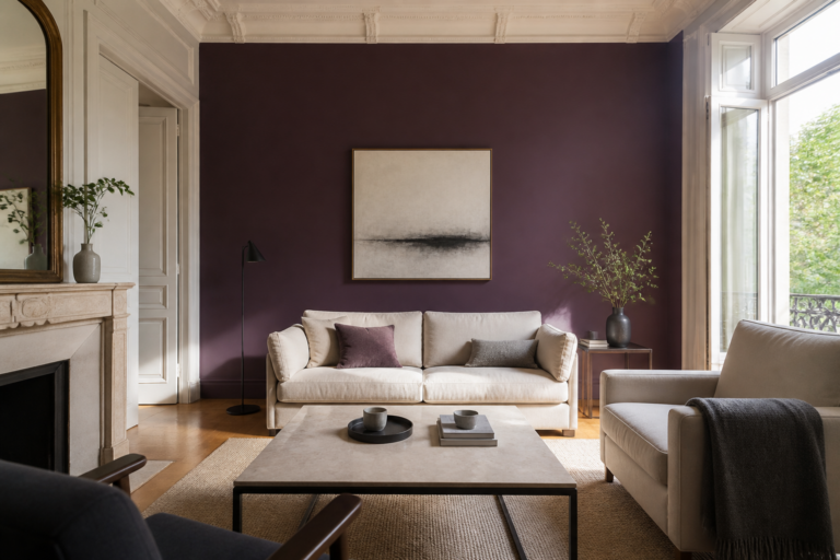 Salon avec mur peint en couleur prune, ambiance chaleureuse en Gironde