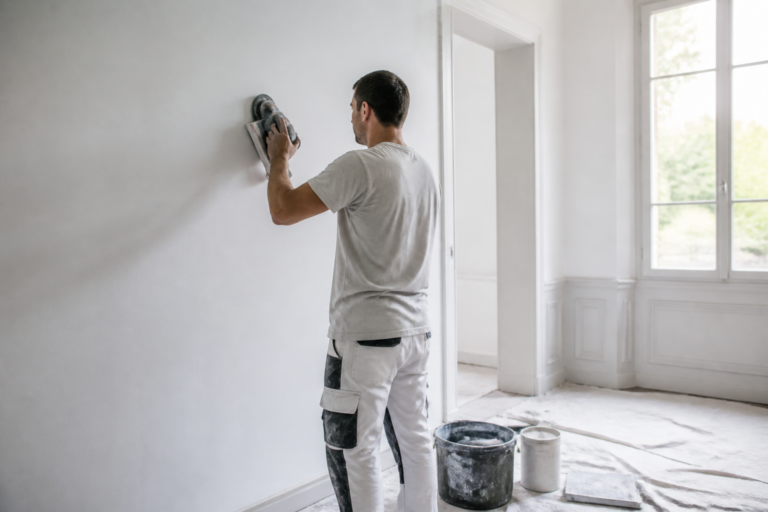 Artisan préparant un mur déjà peint dans une maison en Gironde