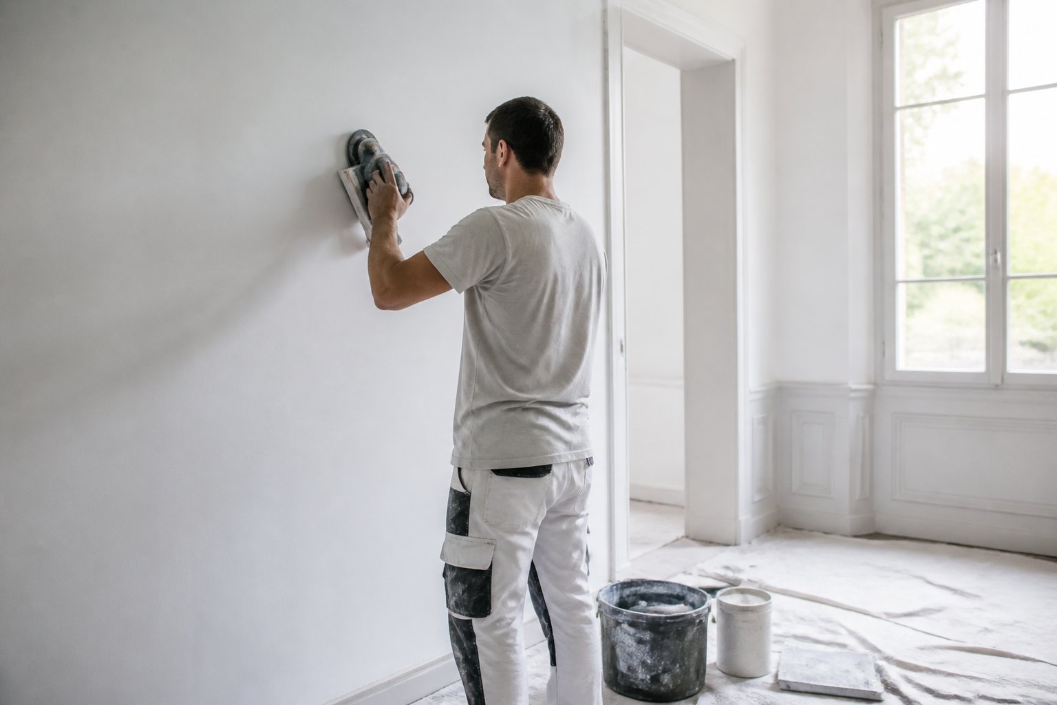 Artisan préparant un mur déjà peint dans une maison en Gironde