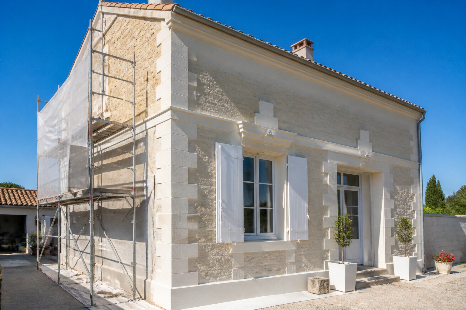 Façade maison rénovée avec peinture claire en Gironde