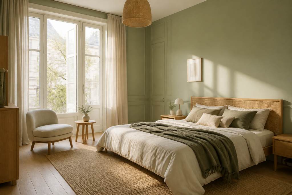 Chambre avec murs verts sauge et lumière naturelle en Gironde