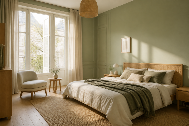 Chambre avec murs verts sauge et lumière naturelle en Gironde