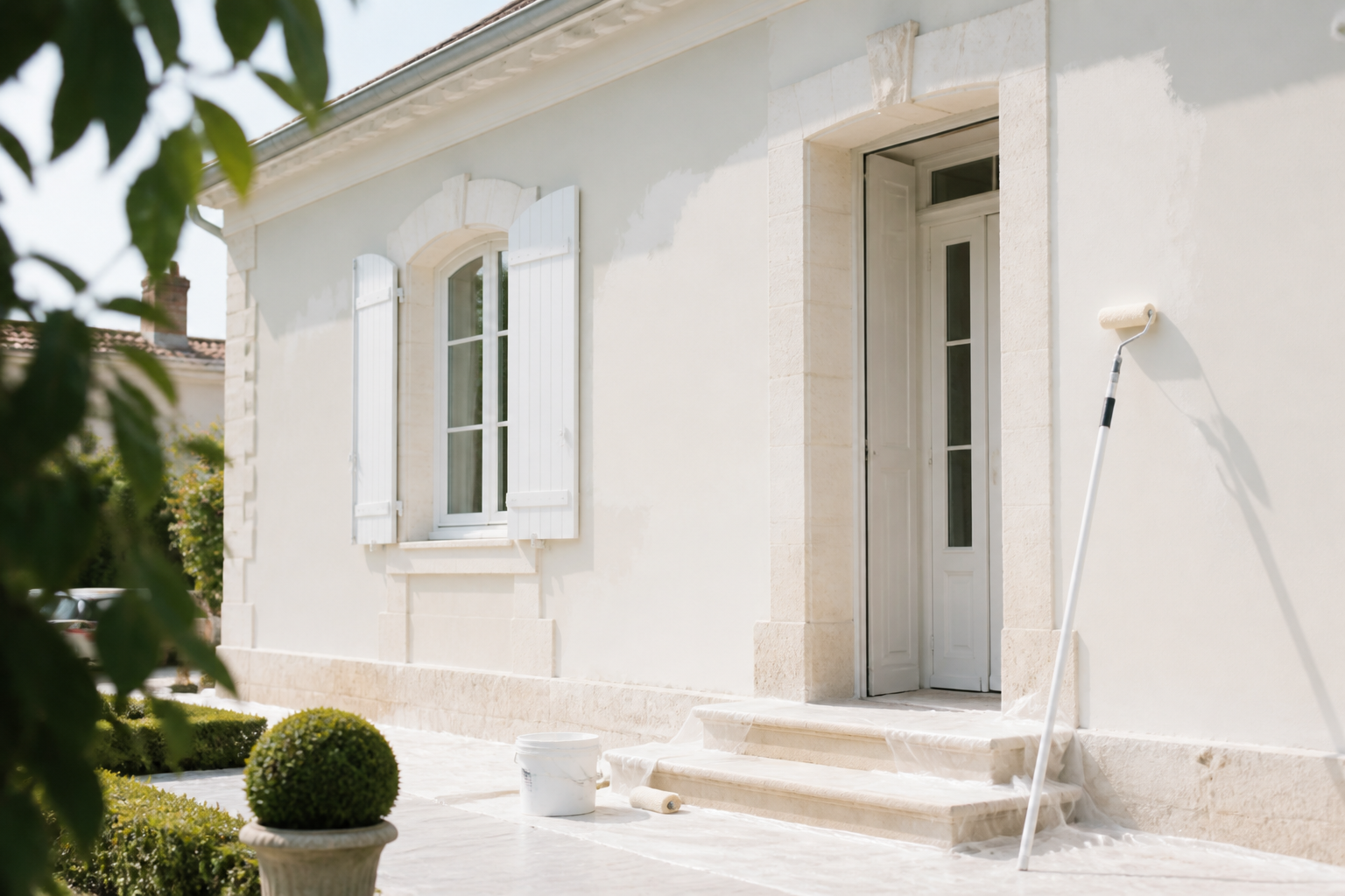 Façade maison blanc cassé en Gironde avec chantier propre