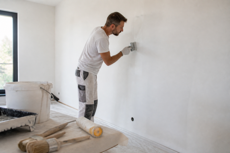 Artisan peintre préparant un mur intérieur pour peinture déco en Gironde