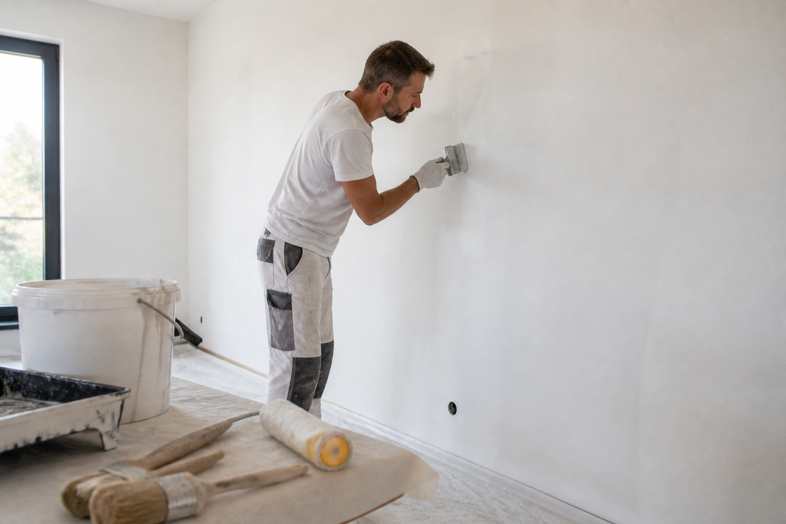 Artisan peintre préparant un mur intérieur pour peinture déco en Gironde