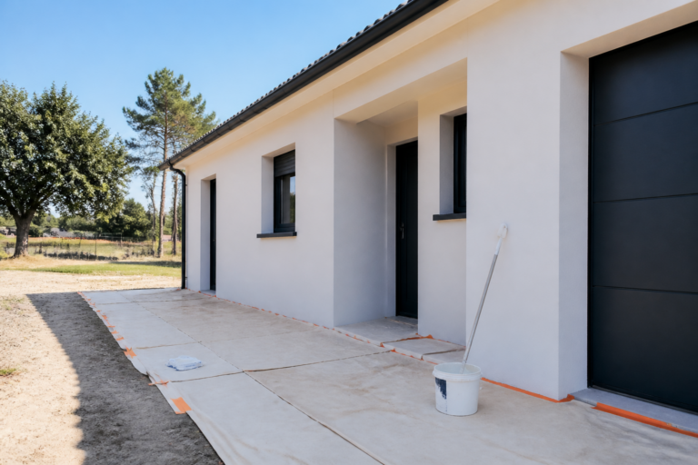 Maison neuve en Gironde avec façade peinte et chantier propre