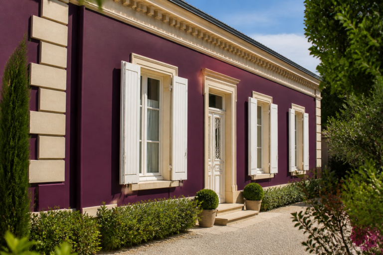 Façade girondine repeinte en couleur prune foncé, ambiance lumineuse et soignée