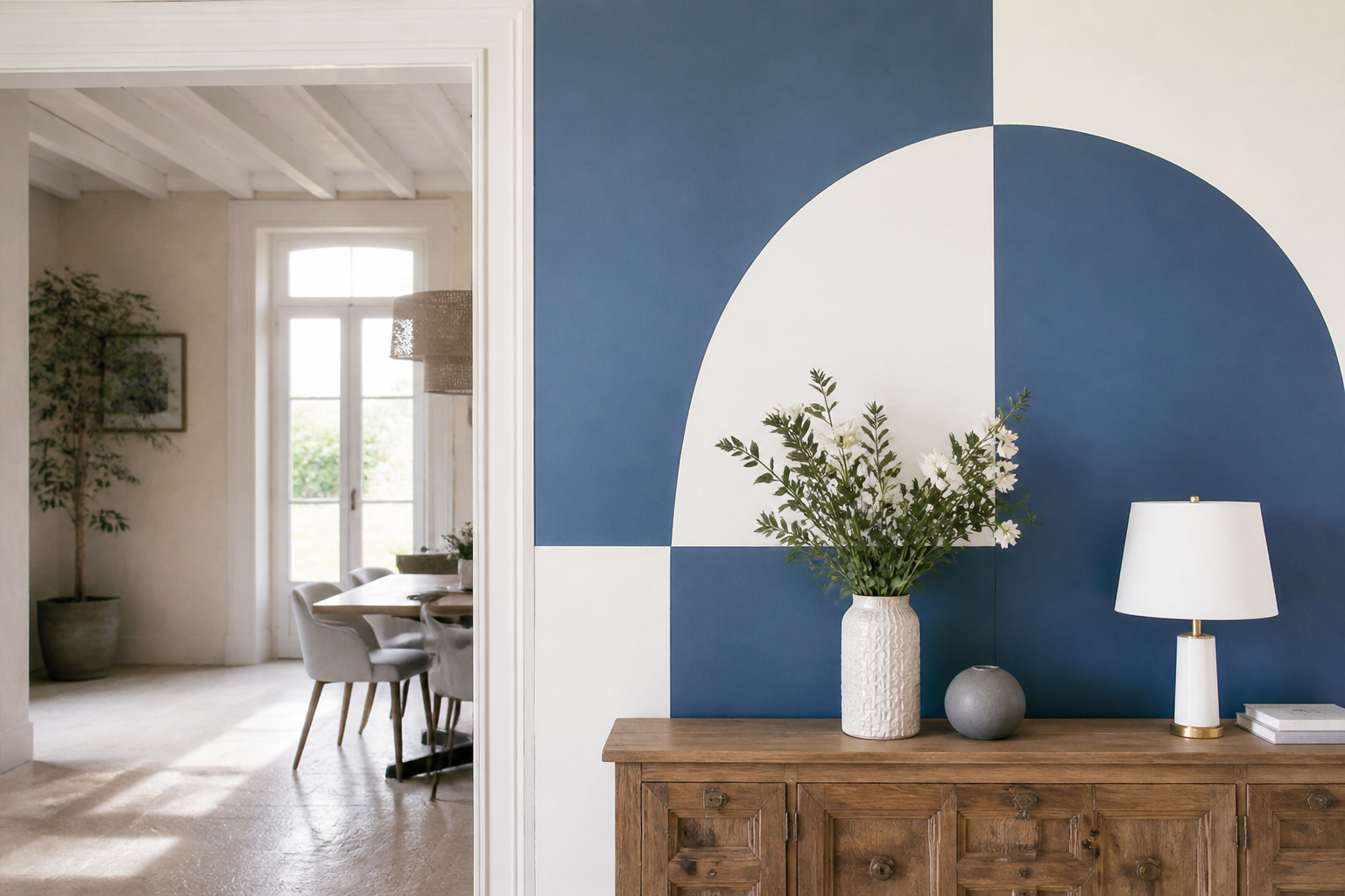 Motif de peinture murale géométrique bleu et blanc sur mur intérieur d'une maison en Gironde
