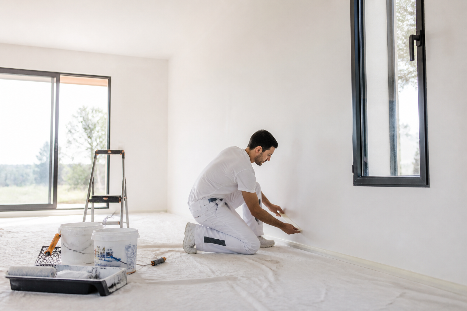 Artisan peintre préparant un mur intérieur dans une maison neuve en Gironde