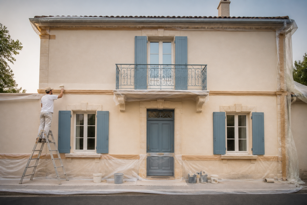 Maison girondine avec murs fraîchement peints en beige clair et détails bleus, chantier de peinture propre en Gironde