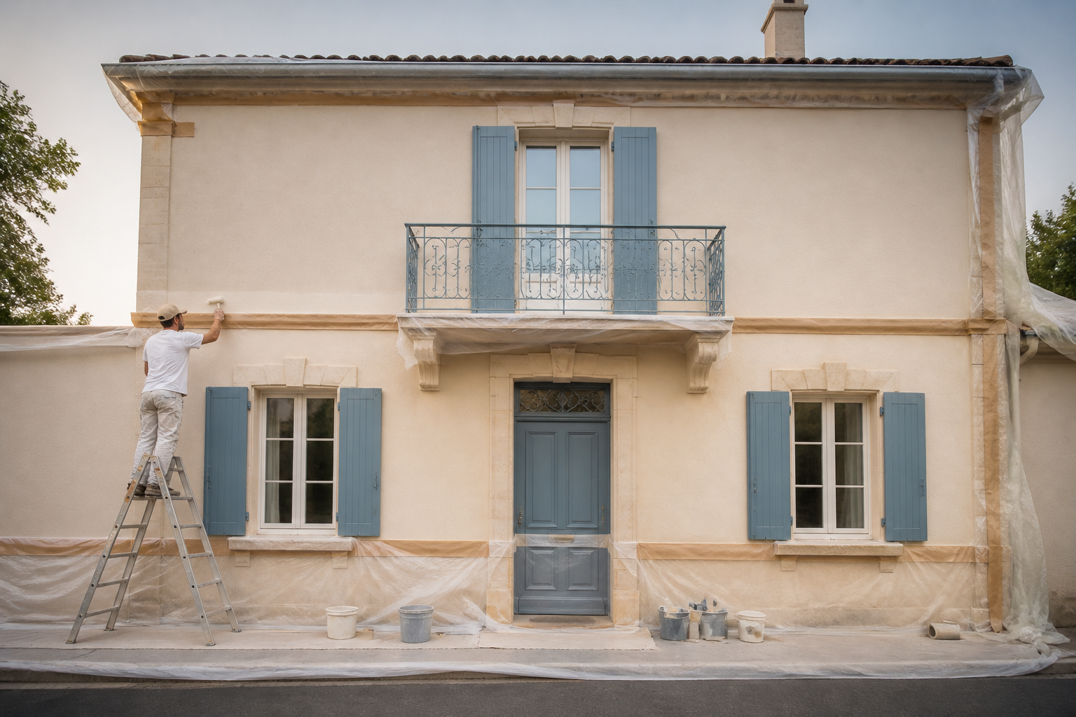 Maison girondine avec murs fraîchement peints en beige clair et détails bleus, chantier de peinture propre en Gironde