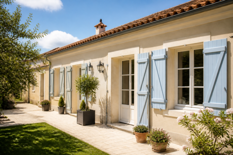Façade maison Gironde couleur beige clair avec volets bleu pastel