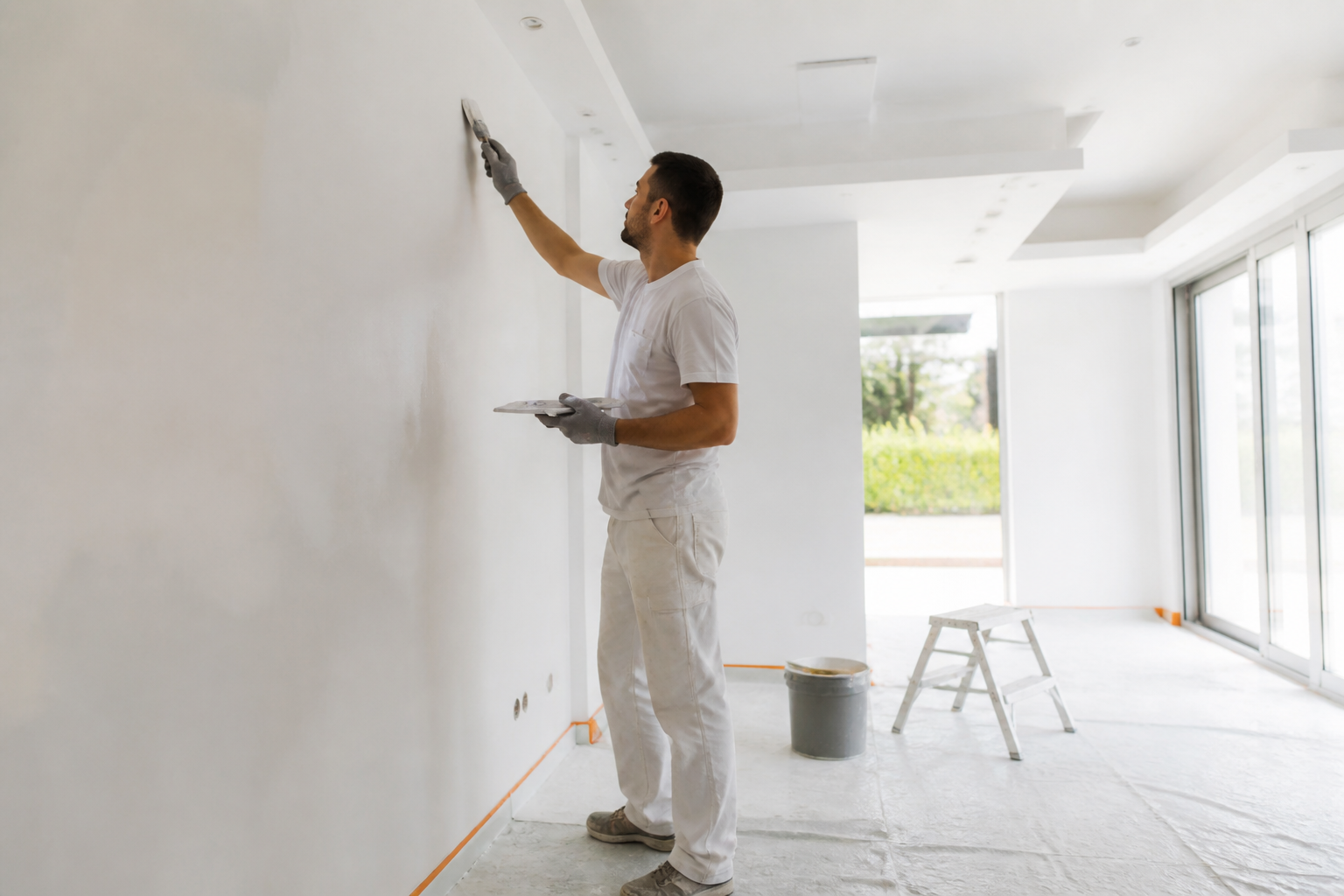 Artisan peintre préparant les murs intérieurs d'une maison en Gironde