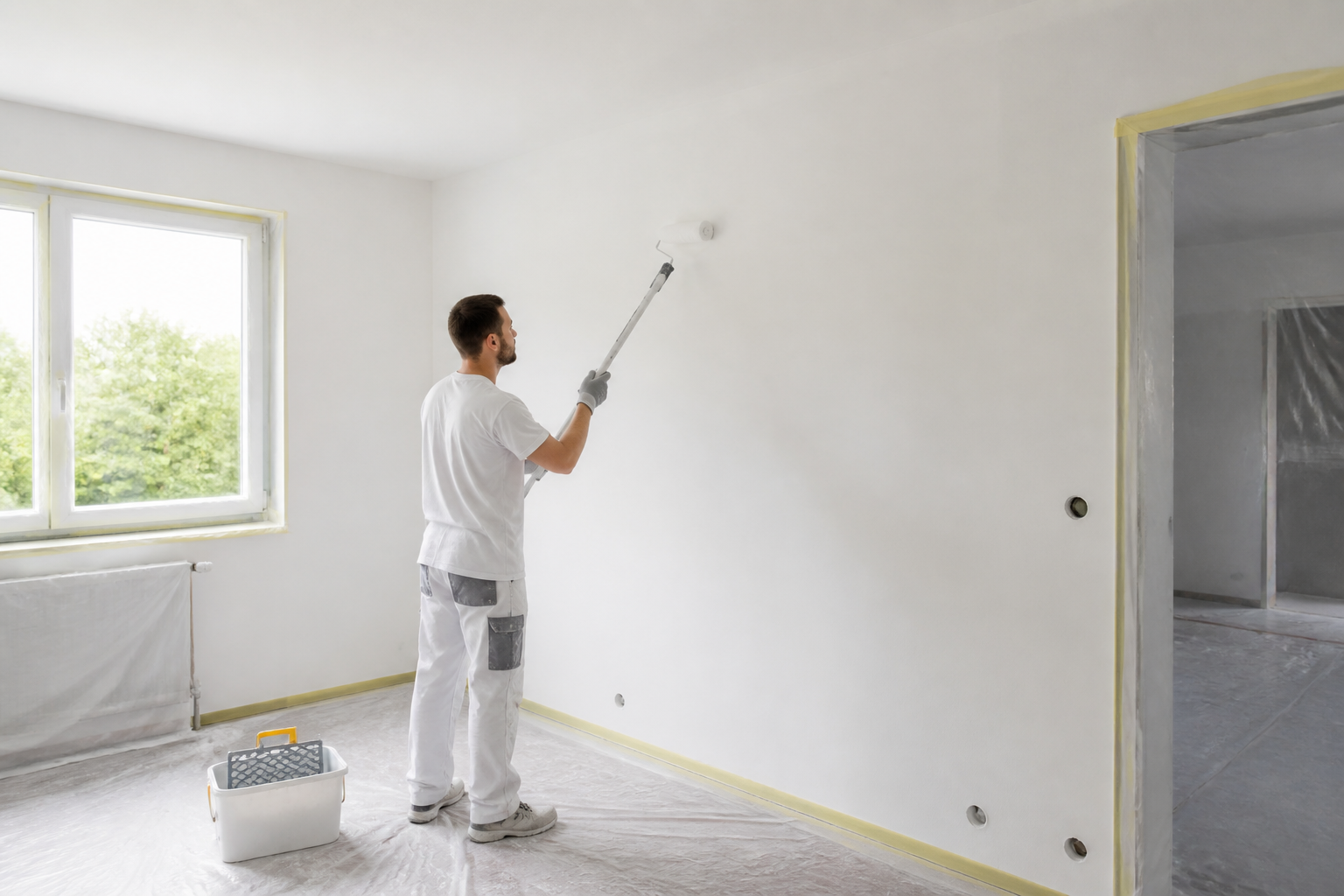 Artisan peintre préparant un mur intérieur en Gironde