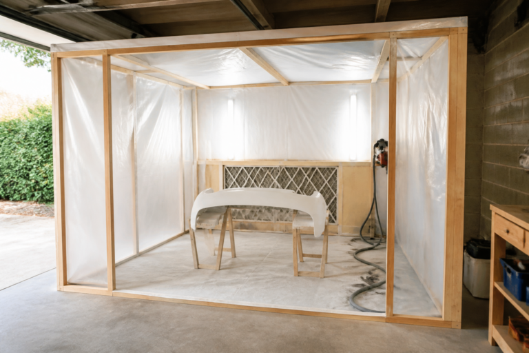 Cabine de peinture maison dans garage en Gironde avec panneaux et bâches