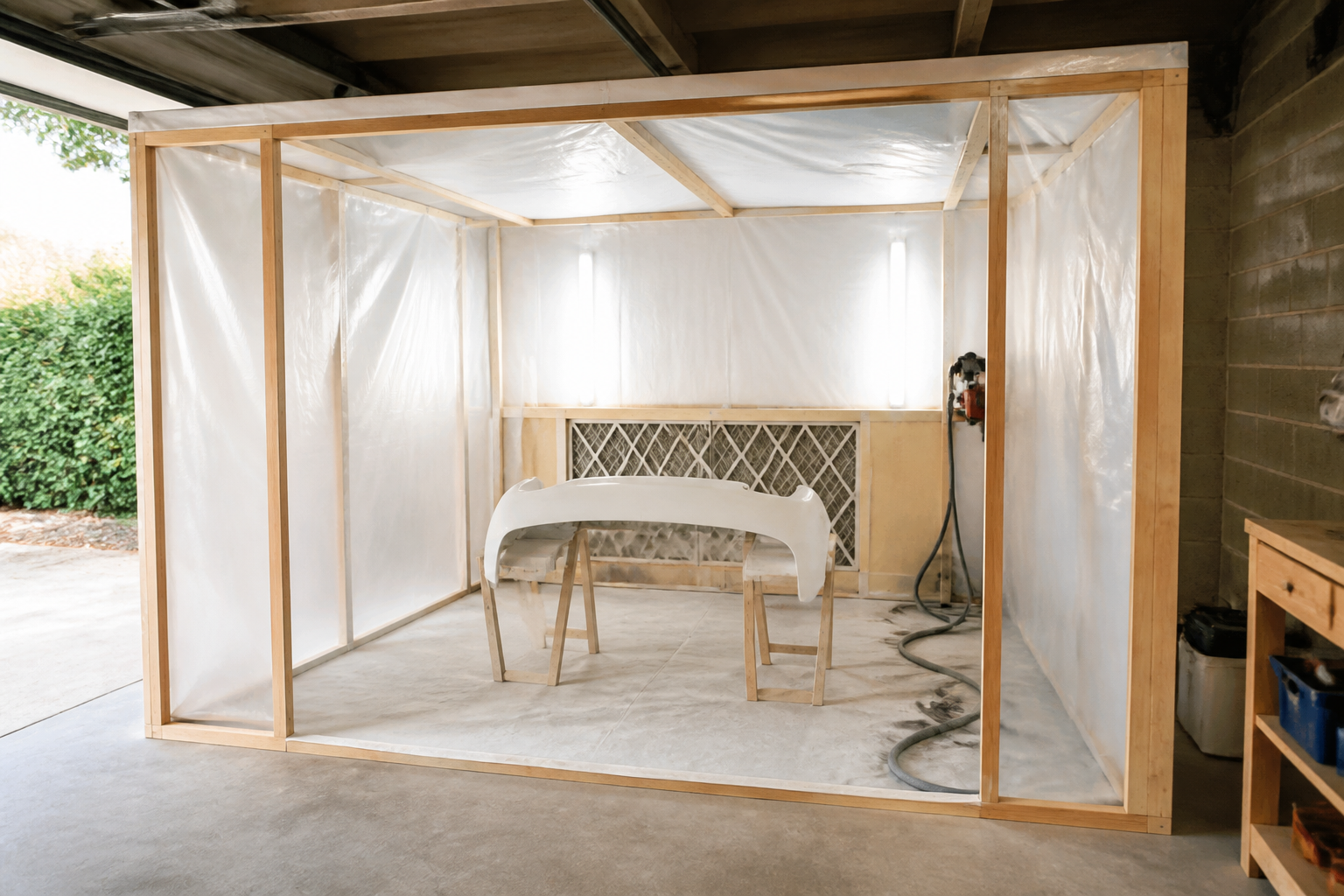 Cabine de peinture maison dans garage en Gironde avec panneaux et bâches
