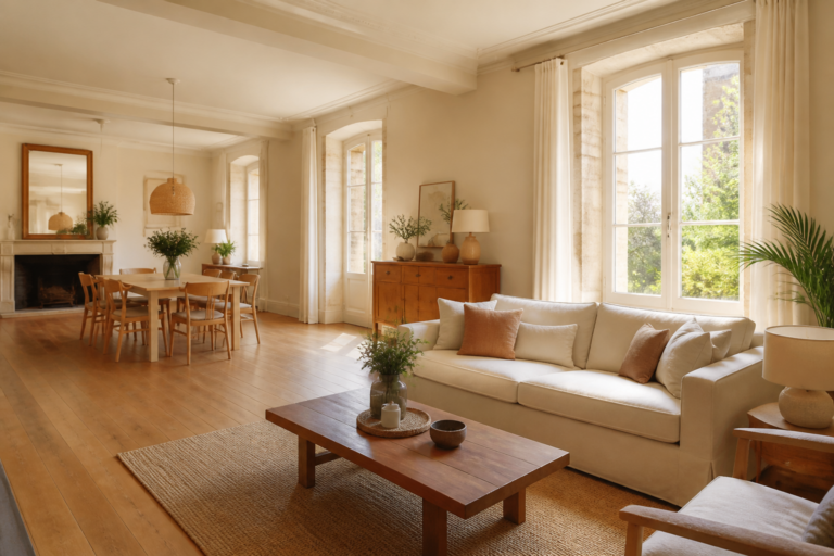 Salon salle à manger lumineux avec peinture beige clair en Gironde