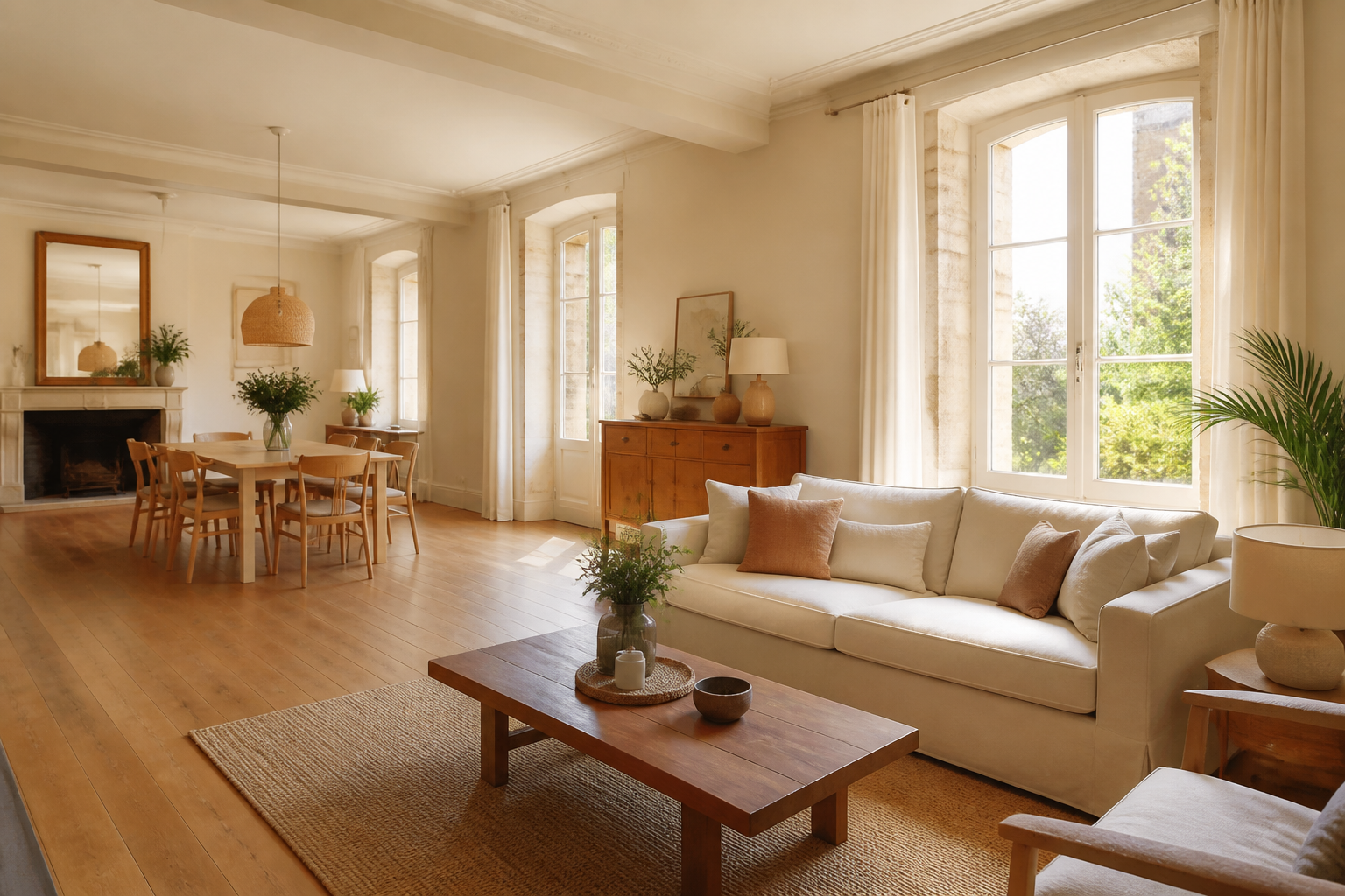 Salon salle à manger lumineux avec peinture beige clair en Gironde