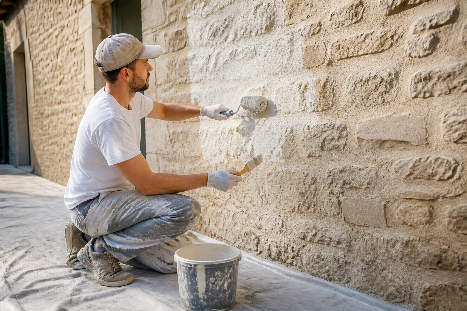 Application de peinture acrylique sur mur extérieur en pierre