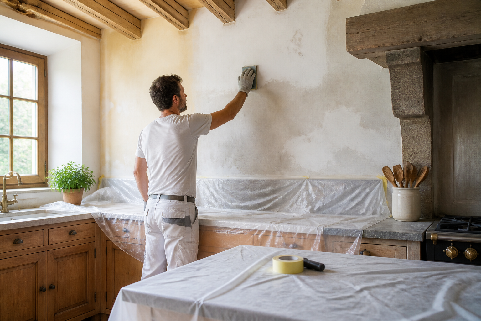 Préparation des murs pour peinture dans une cuisine rustique