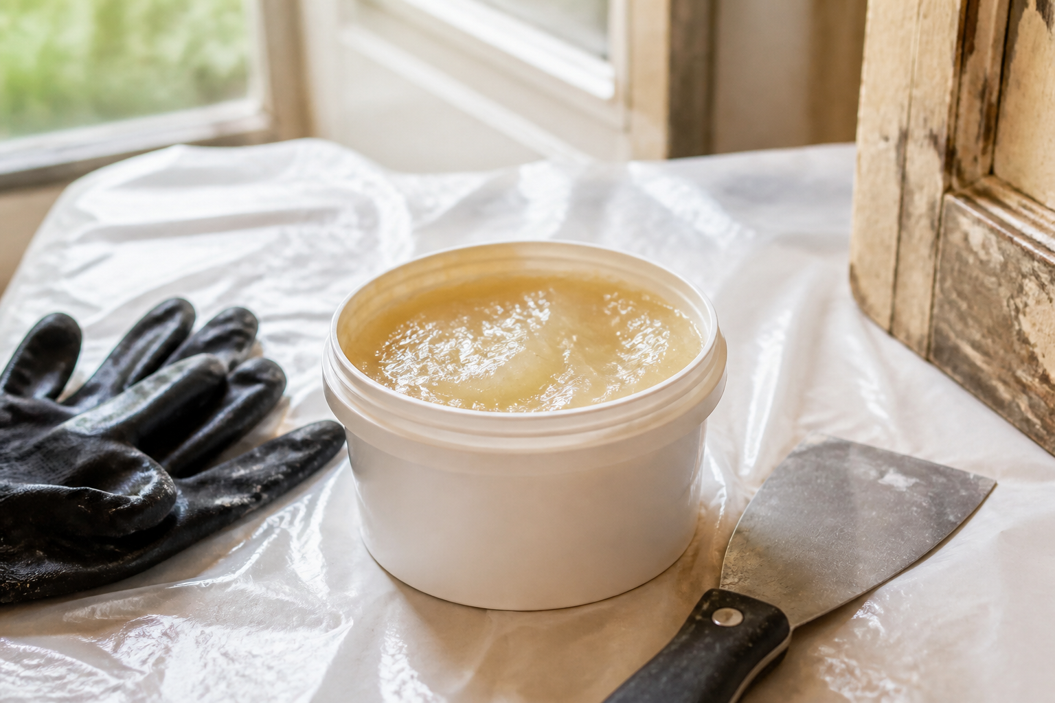 Pot de décapant peinture gel avec spatule et gants sur chantier