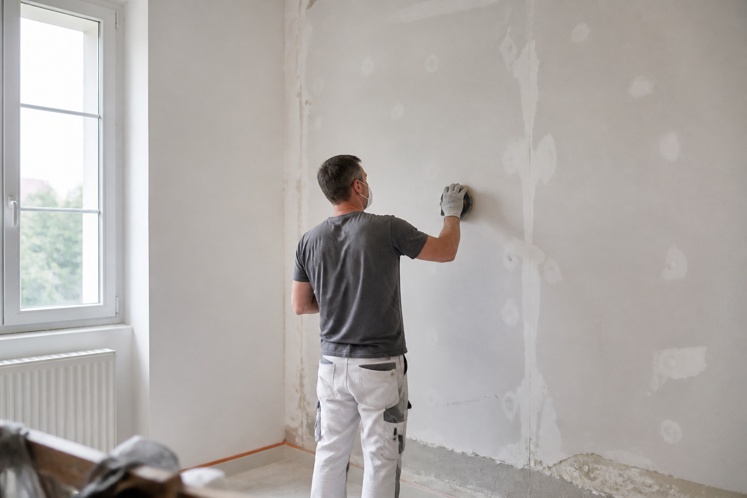 Préparation d’un mur intérieur avant peinture dans une maison en Gironde