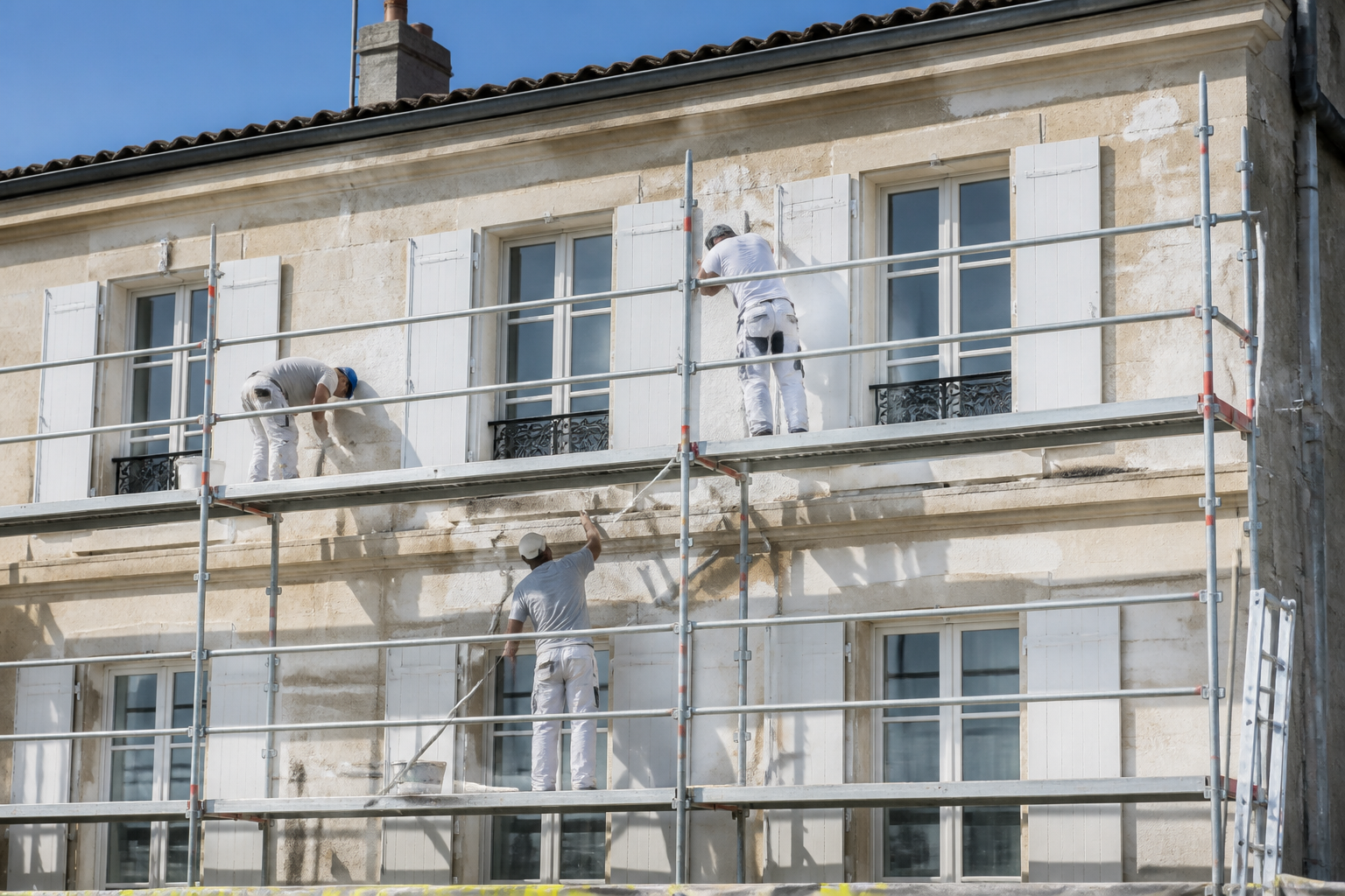 Façade de maison traditionnelle en Gironde en rénovation préparée pour peinture