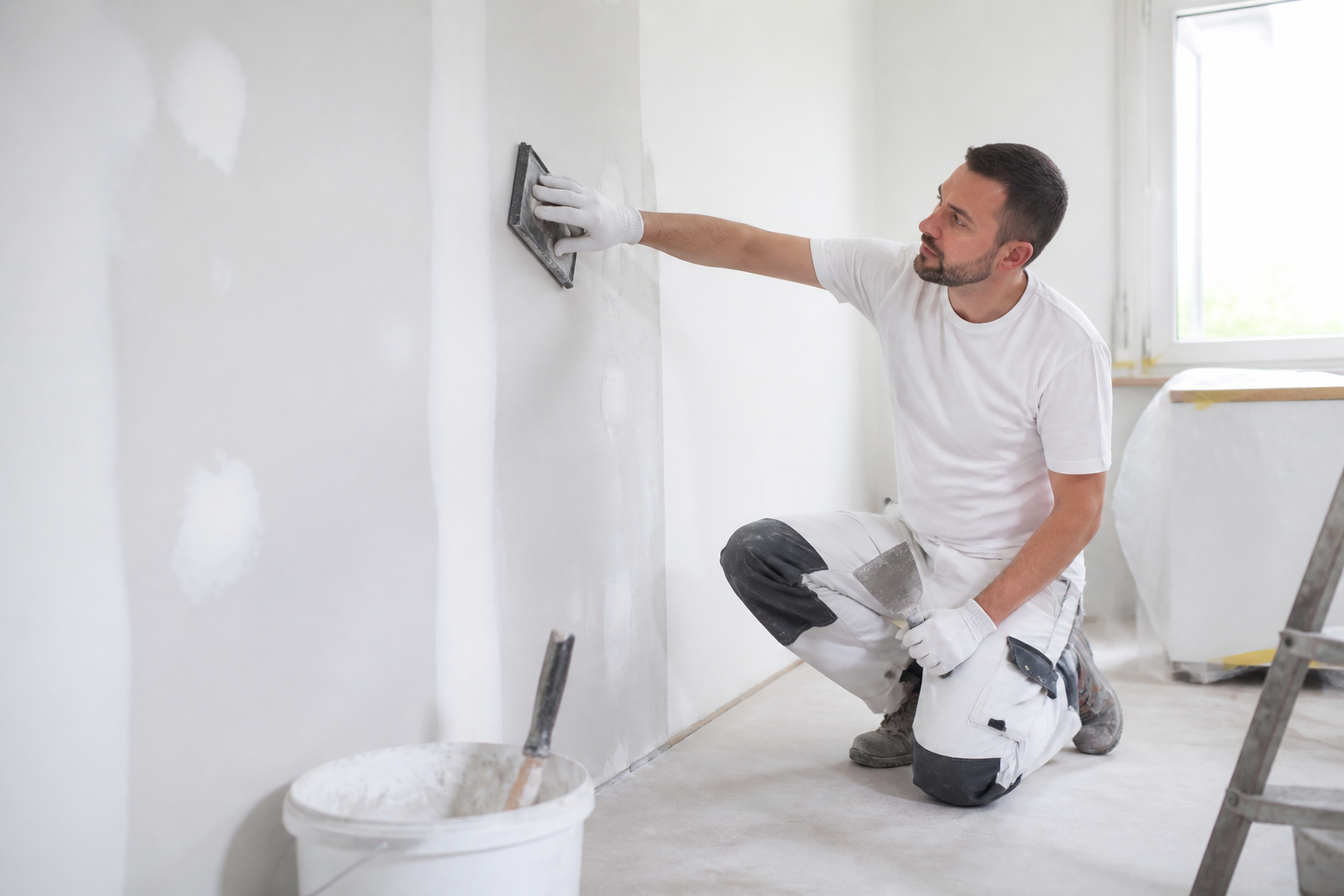 Préparation d'un mur intérieur par un artisan en Gironde avant peinture