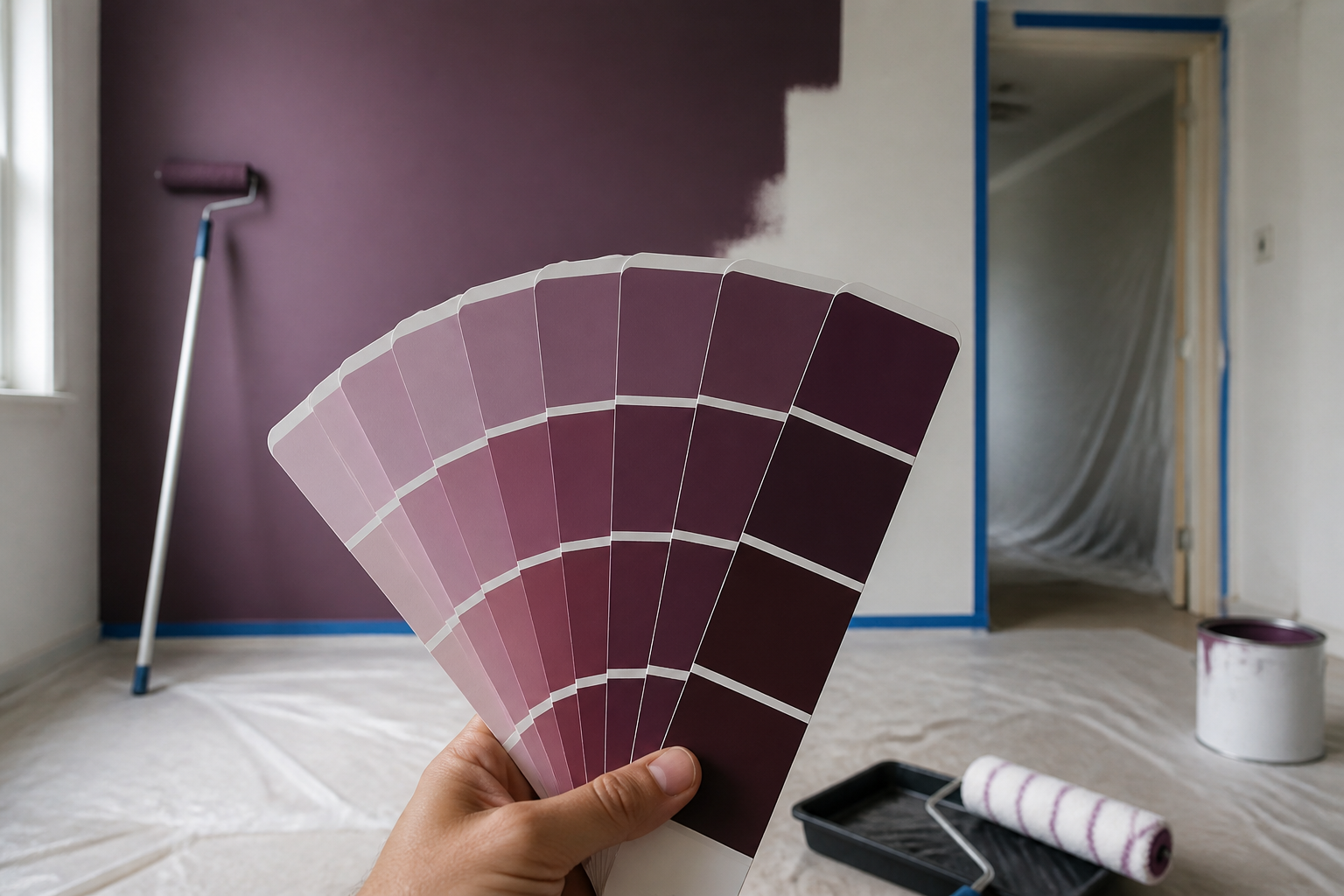 Nuancier avec différentes nuances de couleur prune sur un chantier de peinture