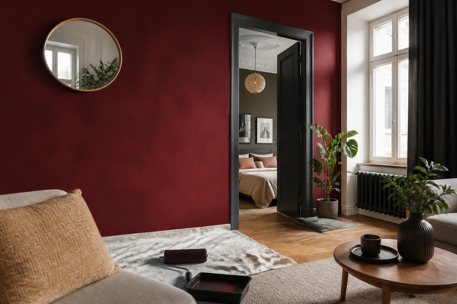 Mur intérieur peint en bordeaux velours avec protections avant travaux