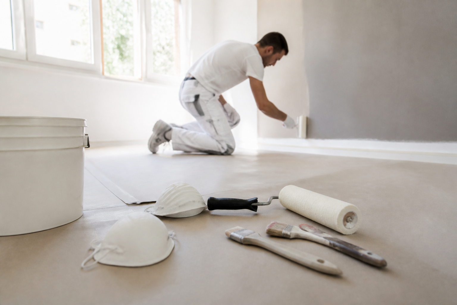 Préparation du mur intérieur avant peinture dans une maison