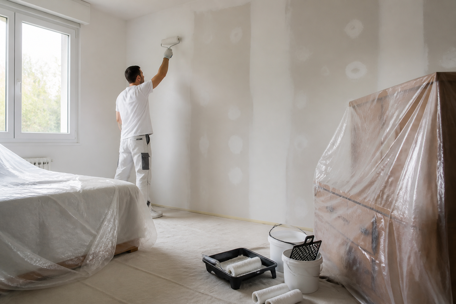 Préparation des murs d'une chambre pour peinture en Gironde