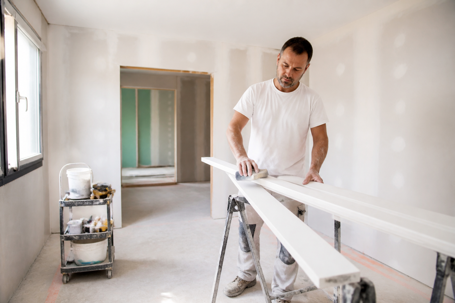 Préparation des supports avant peinture dans une maison neuve en Gironde