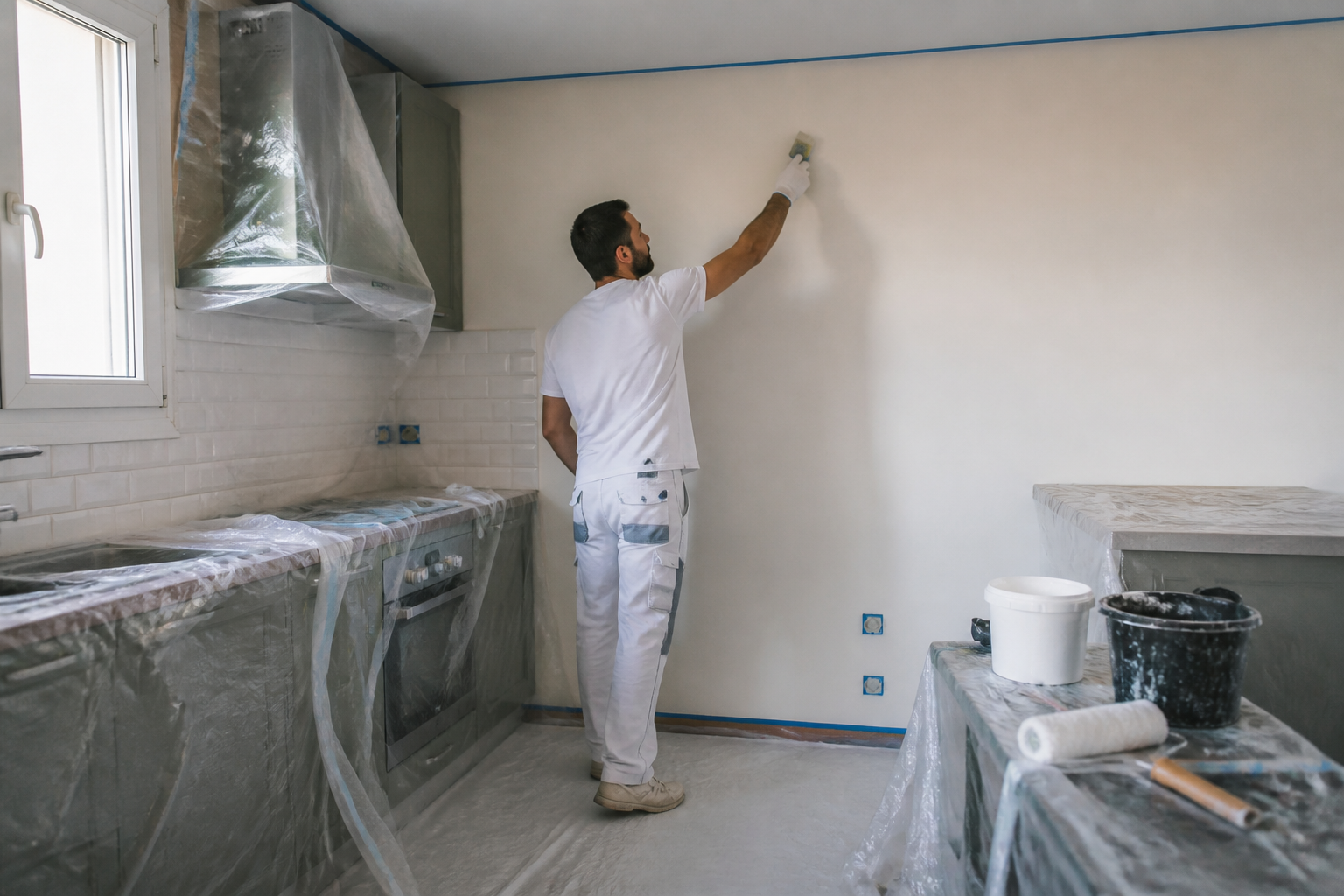 Artisan peintre préparant un mur de cuisine en Gironde