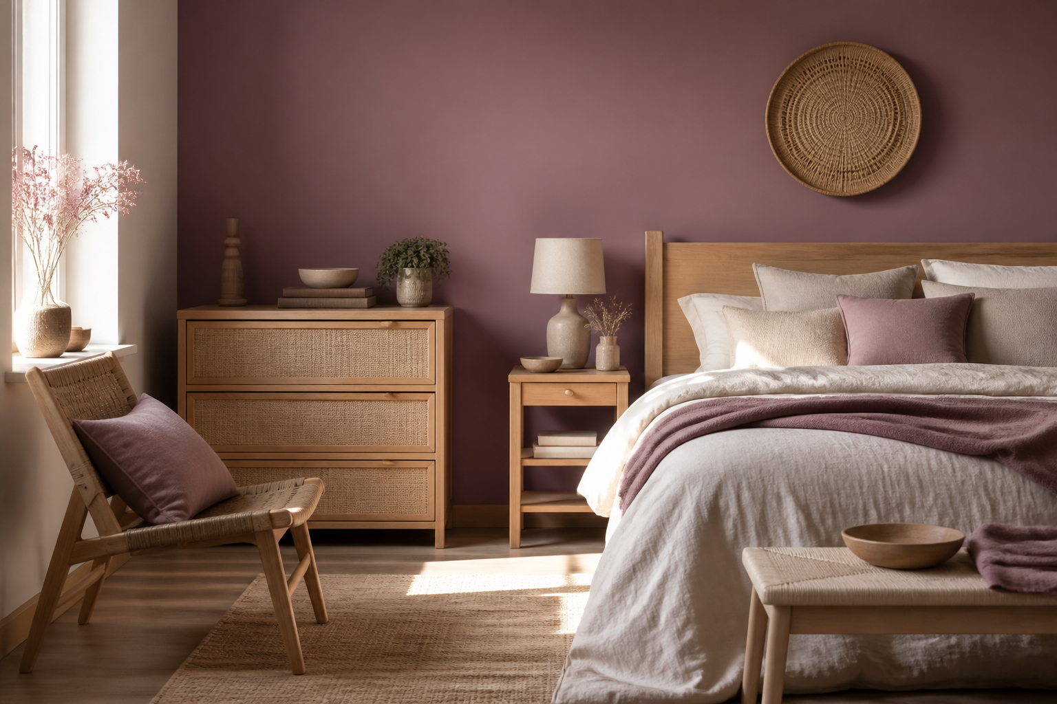 Mur intérieur en peinture prune claire avec décoration naturelle et lumière douce